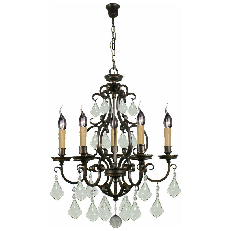 Louis 15th 5 Light Chandelier in Bronze with Clear Crystals - Crystal Palace Lighting